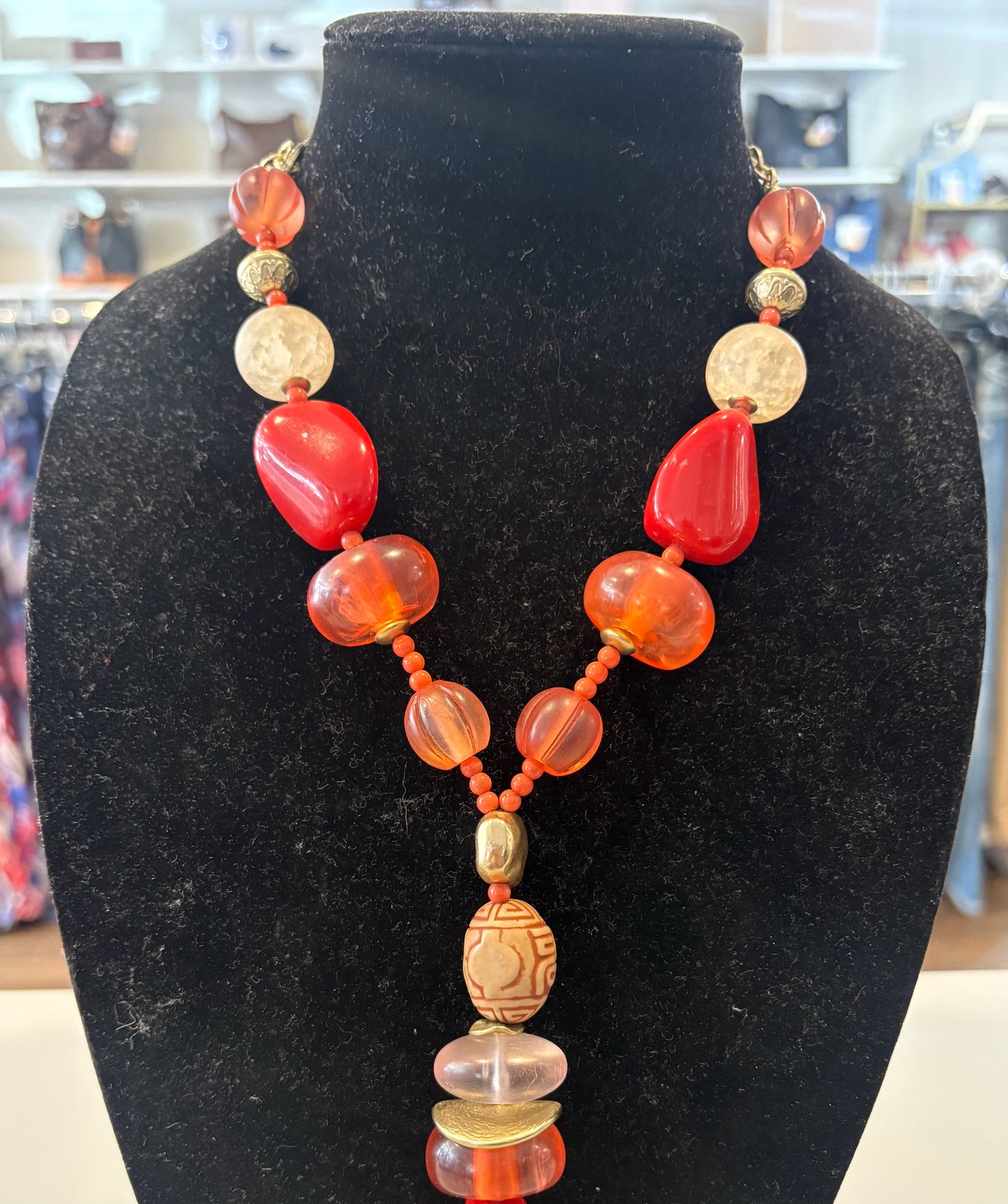 Chicos Red, Pink, & Gold Chunky Boho Tribal Tassel Necklace