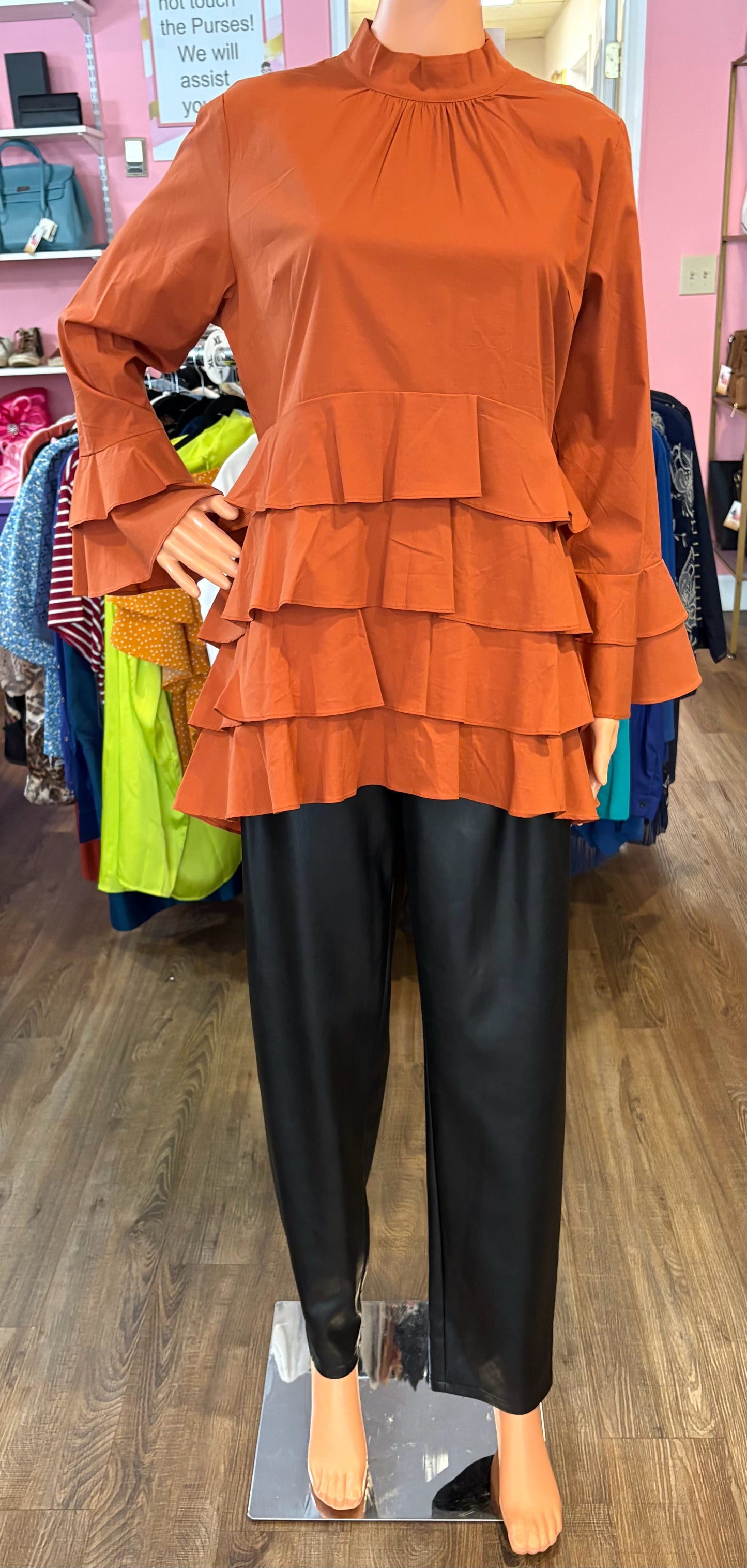 NWT Ashro Dark Orange Ruffle Tiered Dress Top Size:L