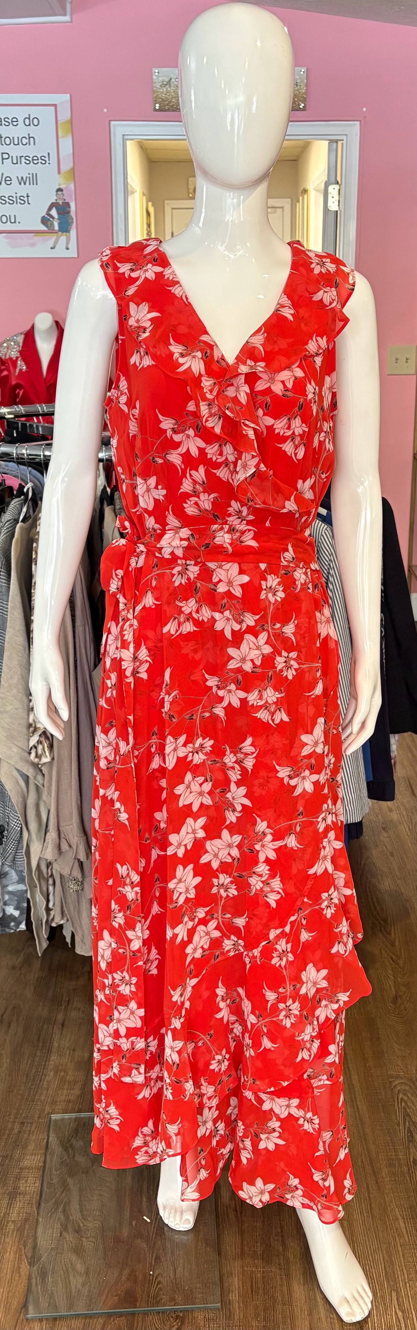 NWOT Calvin Klein Dark Orange Floral Sleeveless Maxi Wrap Dress Sz:10