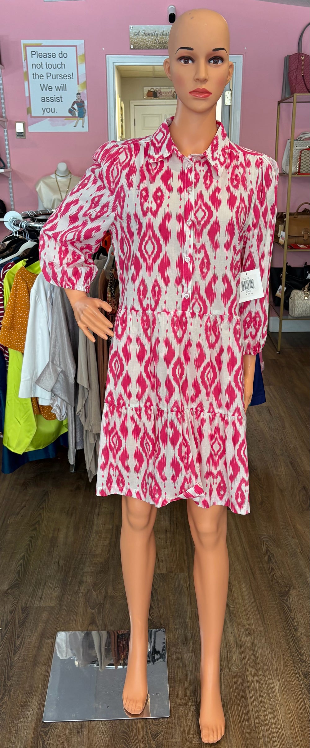 NWT Ellen Tracy Fuschia Ikat Puff  Sleeve Tiered Dress Dress Size:M