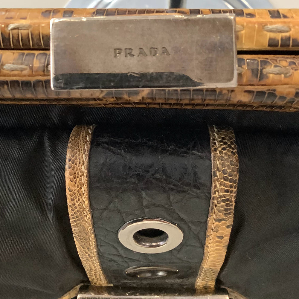 
                      
                        Vintage Prada Black Nylon Lizard Trim Pocket Frame Nero Bag BR2842
                      
                    
