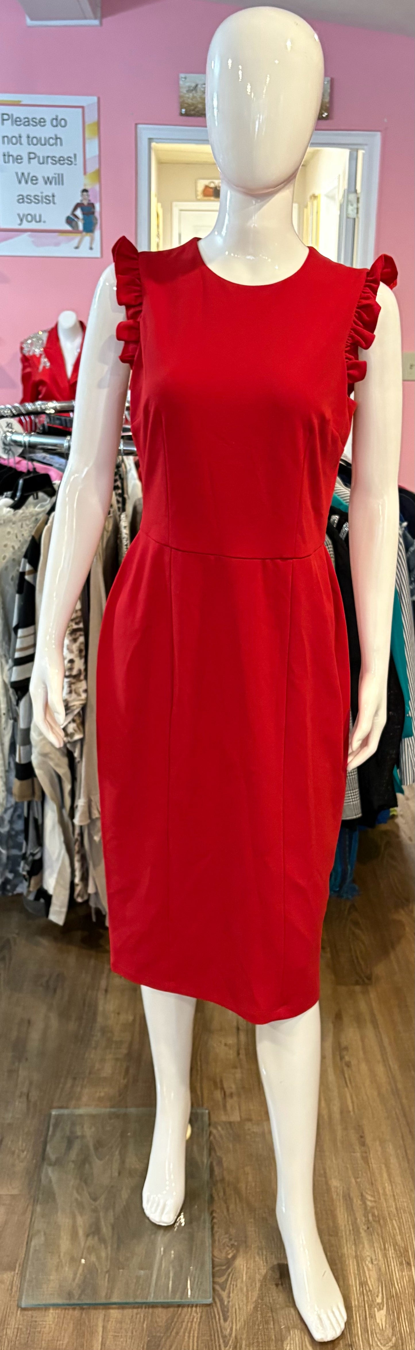 Maggy London Red Sleeveless Sheath Dress with Ruffle Detailing Sz:8