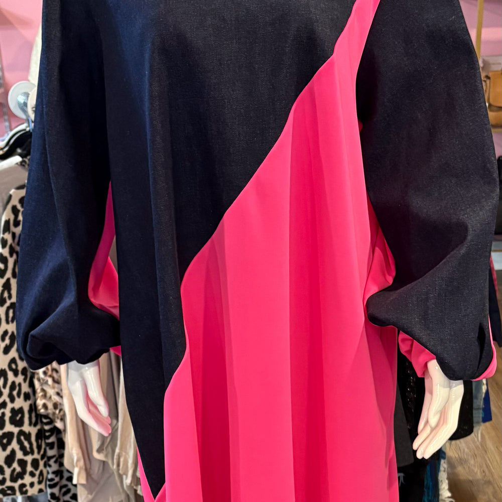 NWOT Karen T Design Denim & Pink Dress Size: L