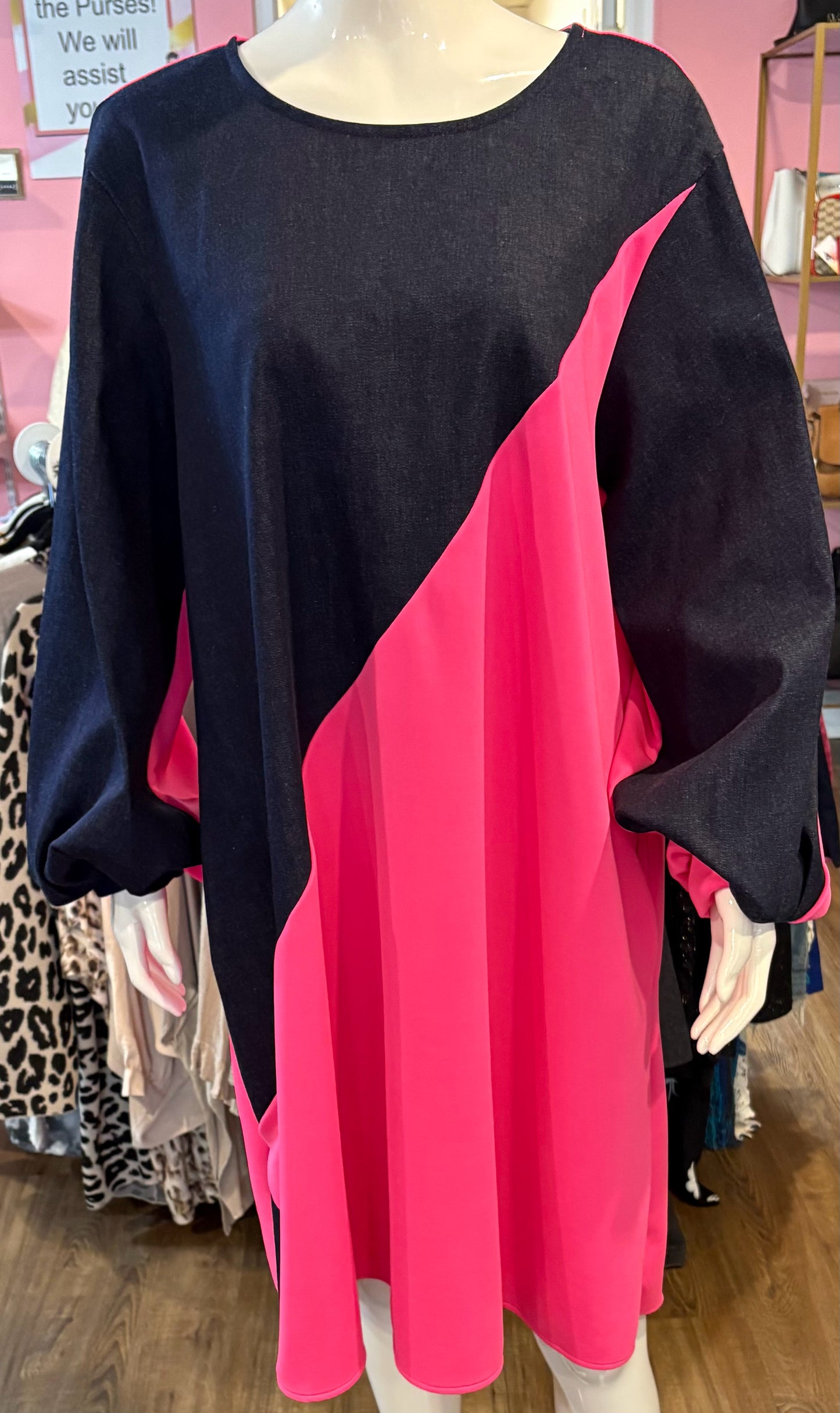 NWOT Karen T Design Denim & Pink Dress Size: L