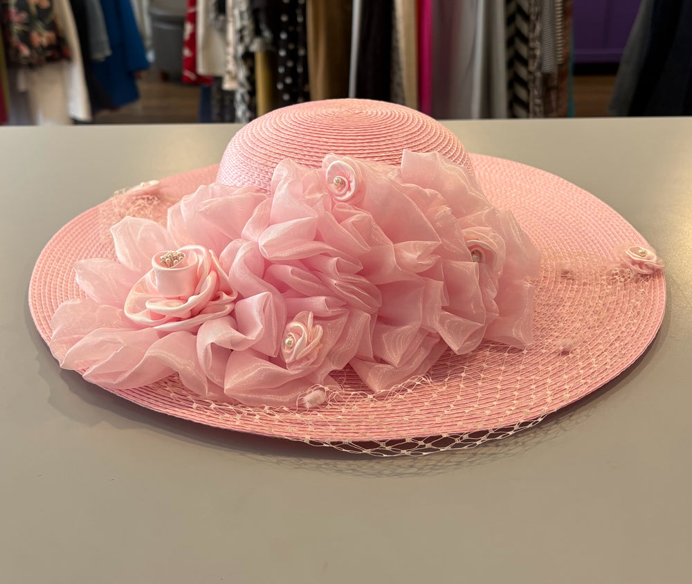 Pink Floral Straw Church Hat with Pearl Detailing