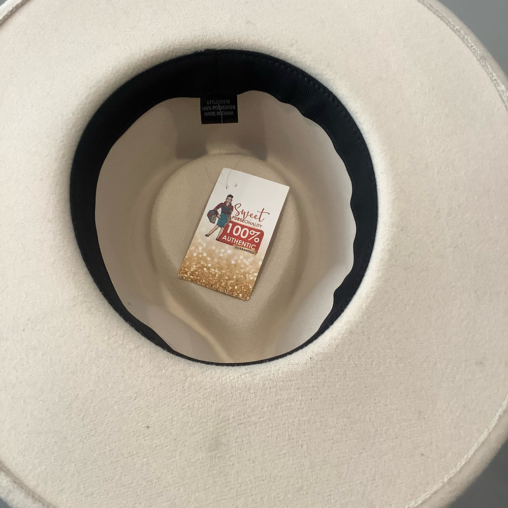 
                      
                        White Felt Hat with multi-colored scarf
                      
                    