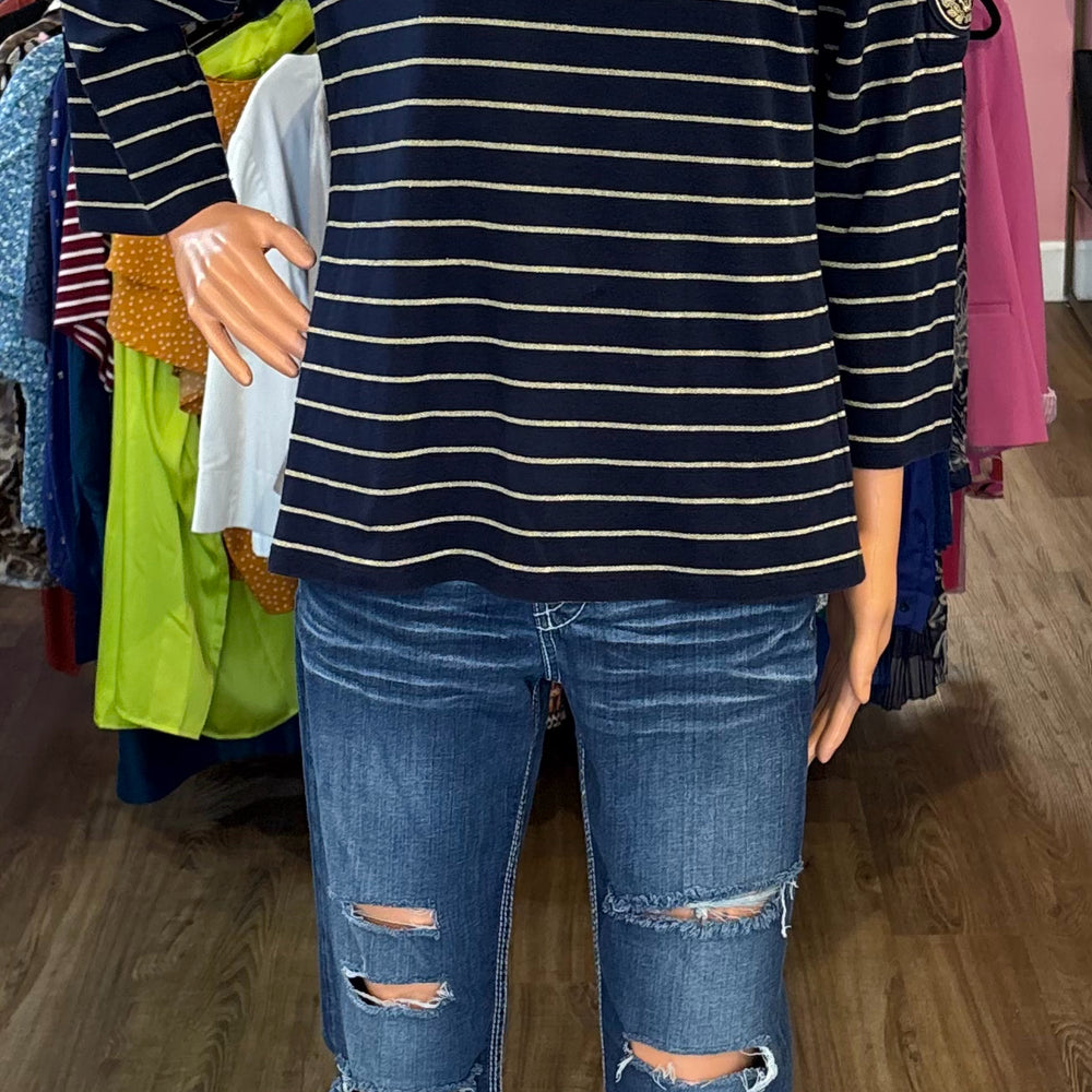 Lauren Ralph Lauren Navy Blue and Gold Striped Top with Crest Detailing Sz:XL