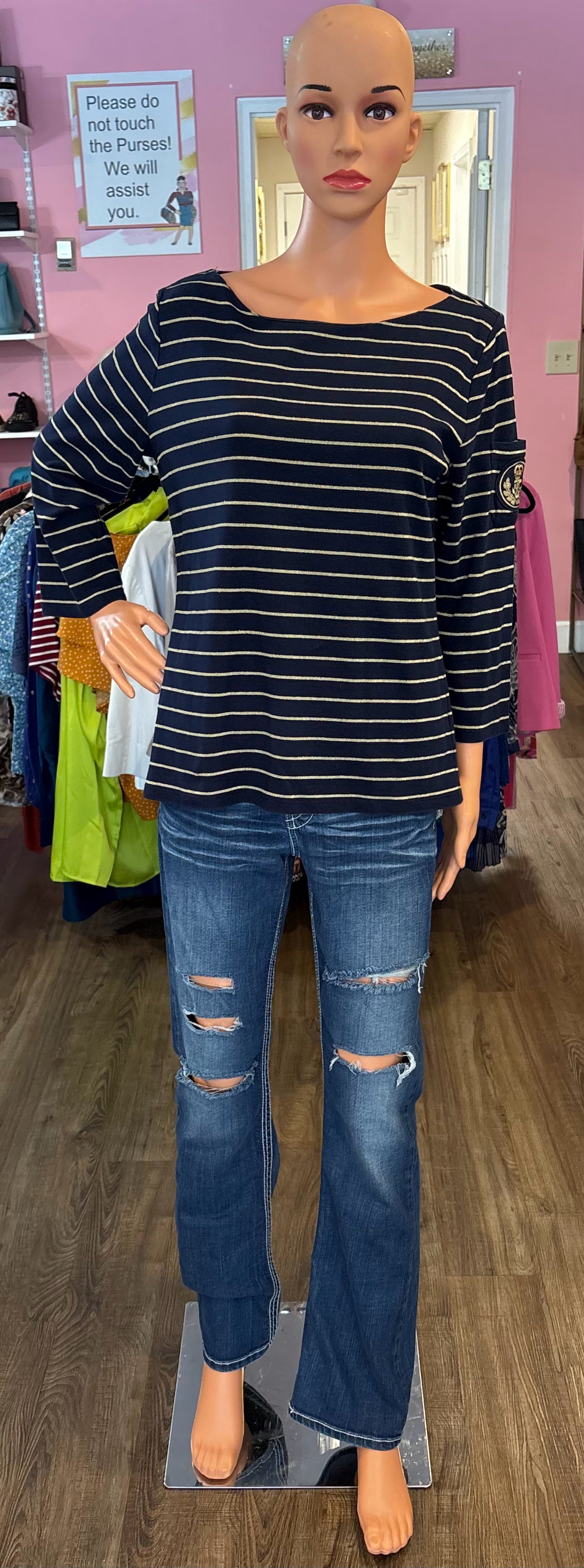 Lauren Ralph Lauren Navy Blue and Gold Striped Top with Crest Detailing Sz:XL