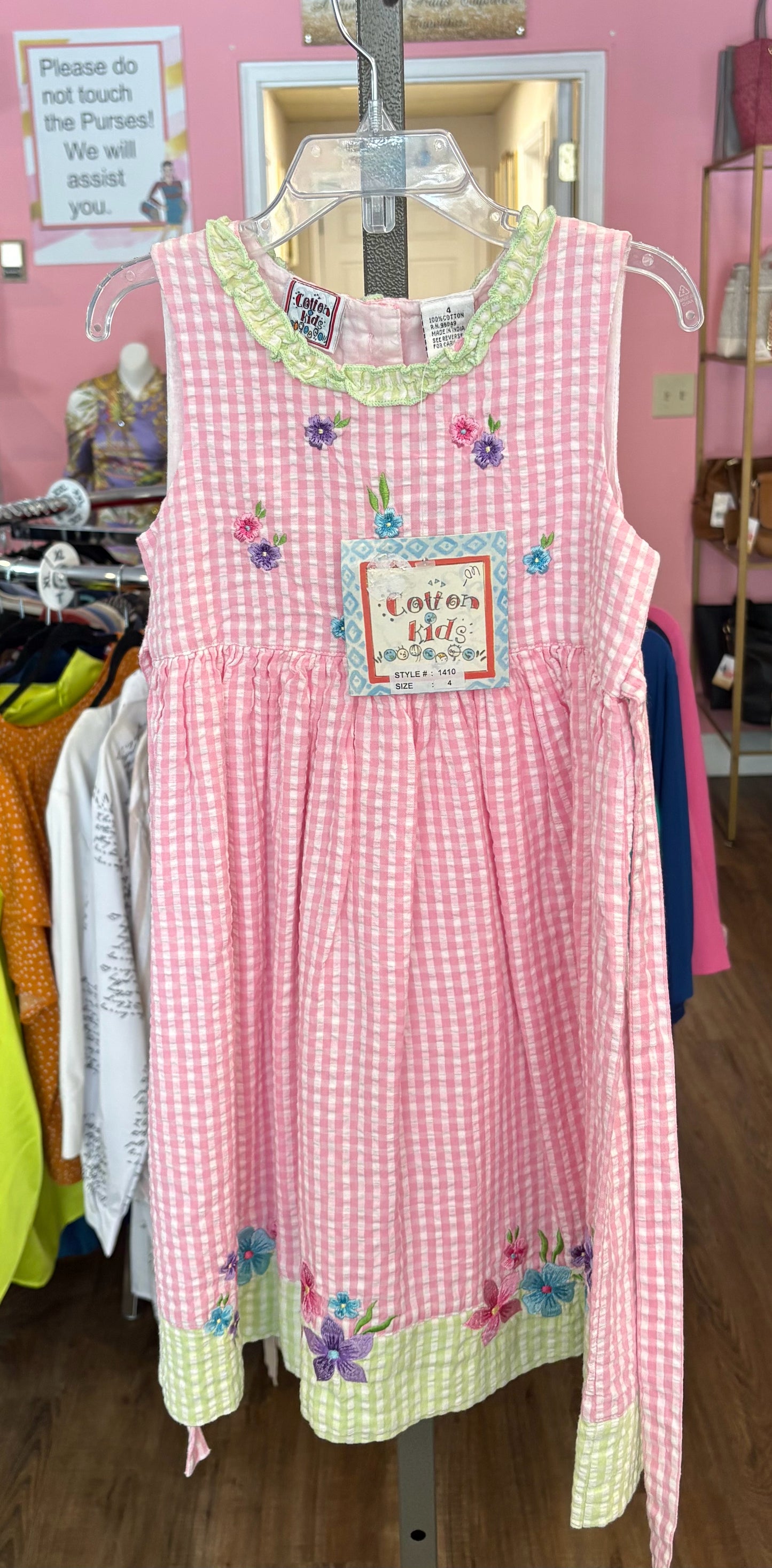 NWT Cotton Kids Pink Multi-Colored Checkered Sleeveless Dress Size:4