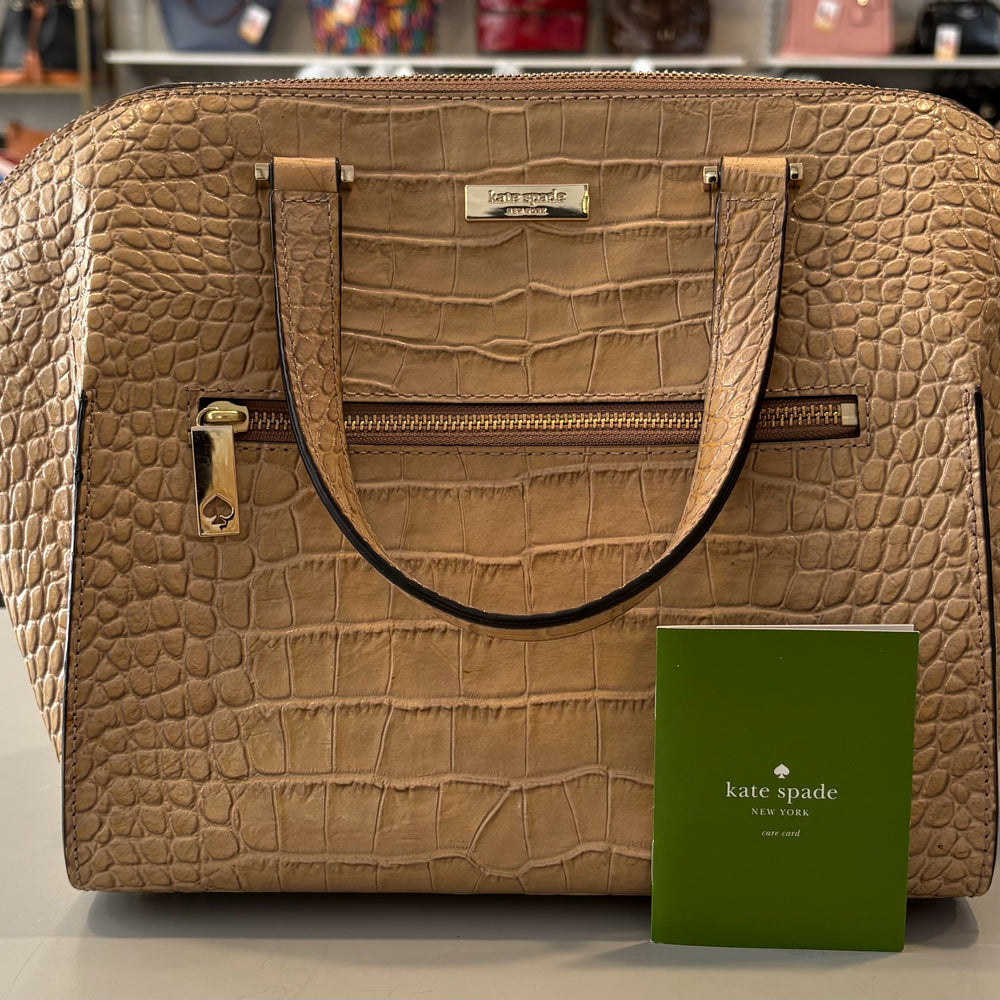 Kate Spade Beige Crocodile Embossed Parliament Square Satchel Bag