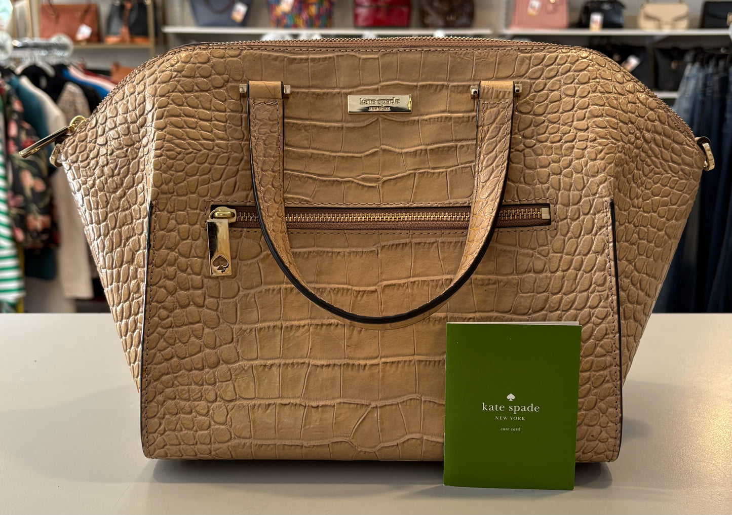 Kate Spade Beige Crocodile Embossed Parliament Square Satchel Bag