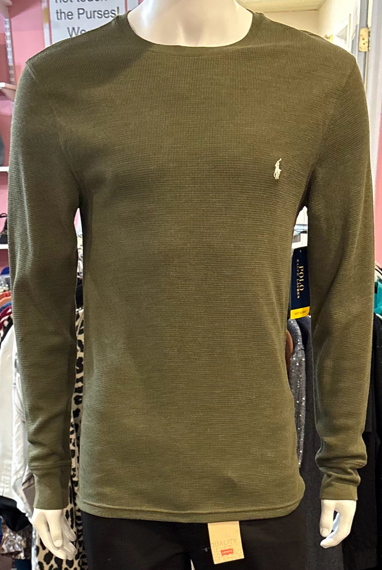 NWT POLO Ralph Lauren Men's Waffle Knit Olive Green Long Sleeve Shirt Size: M