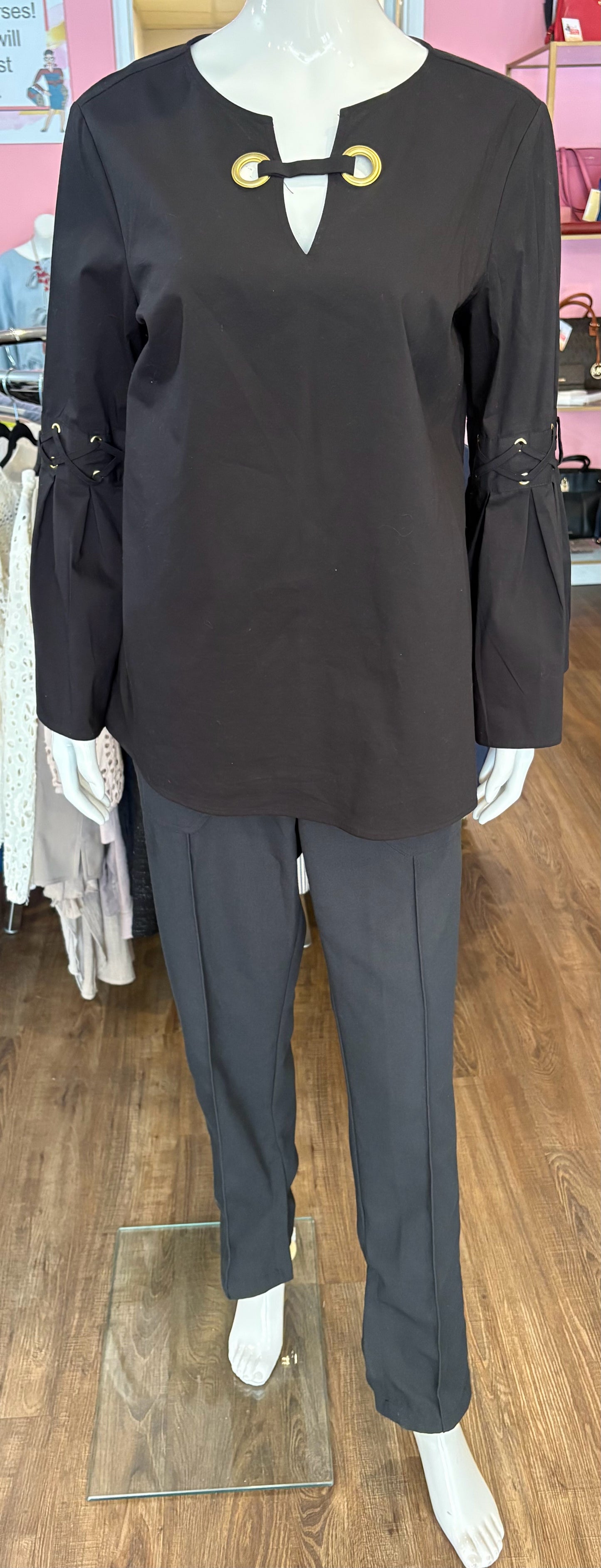 Michael Kors Black Bell-sleeve Blouse with Gold Ring Accents Sz:M