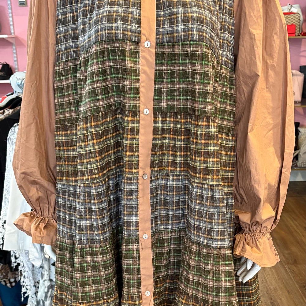 Fantastic Fawn Green and Brown Plaid Button-Up Dress Size: L