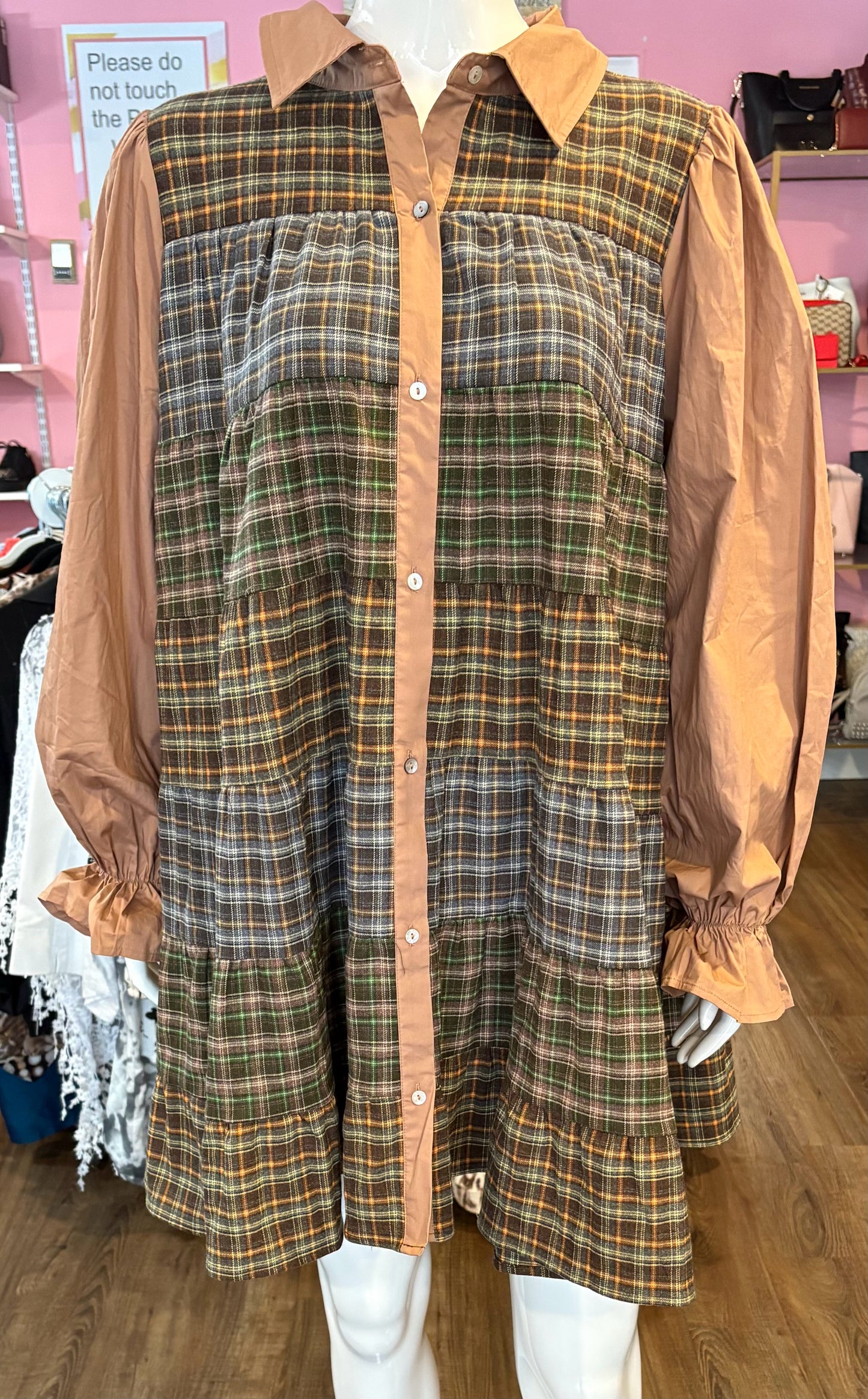 Fantastic Fawn Green and Brown Plaid Button-Up Dress Size: L