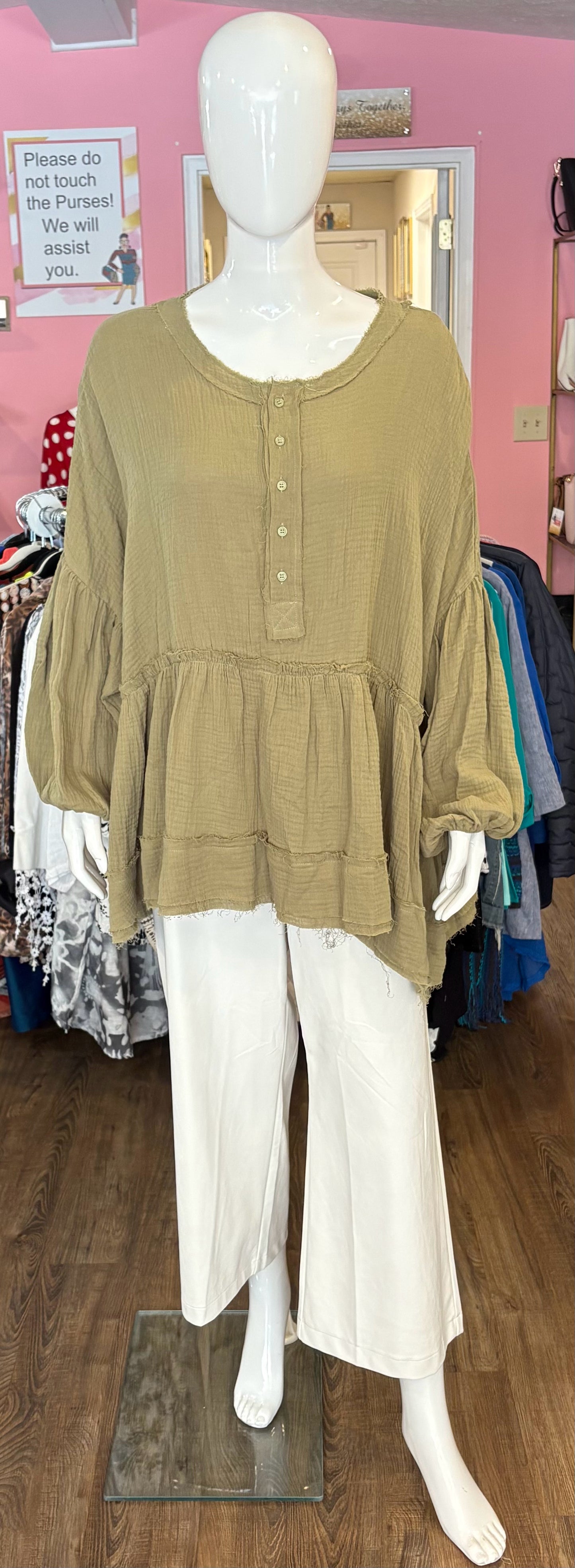 Peach Love Olive Green Blouse Size:L