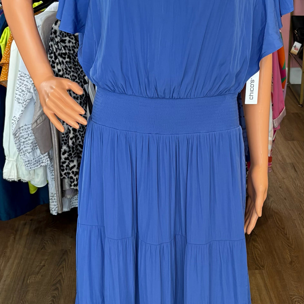 NWT Chico's Ampario Blue Tiered Fluttering Sleeve Maxi Dress Size: 2