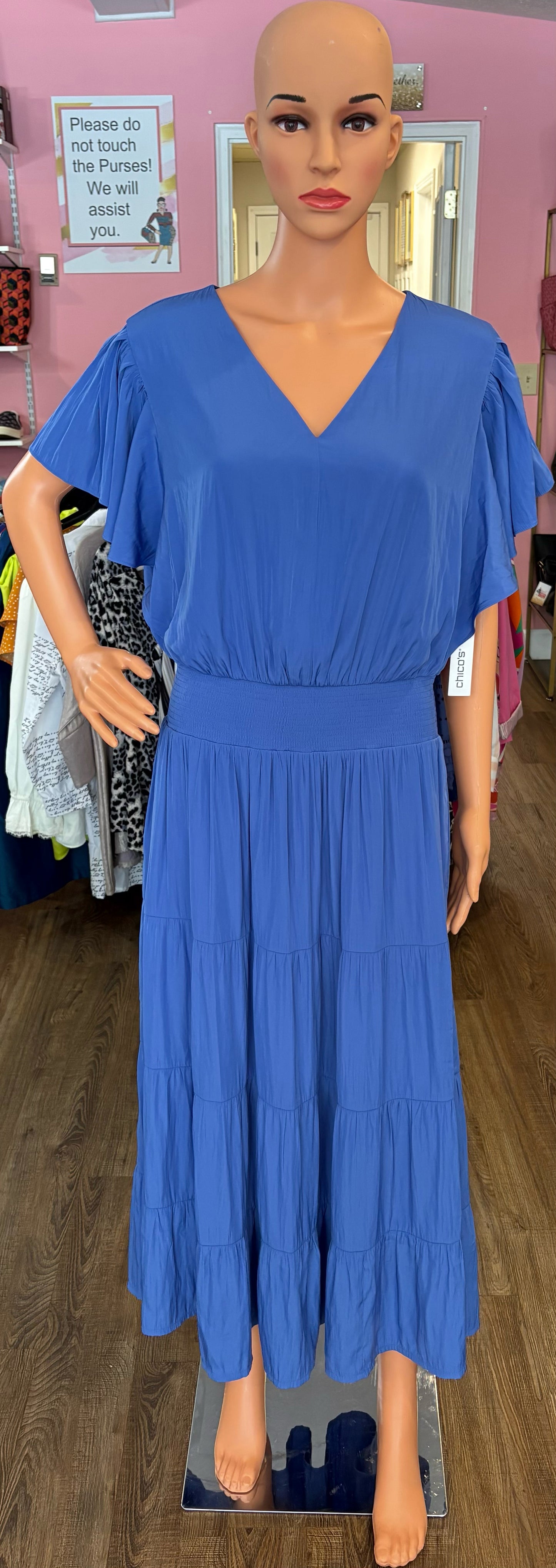NWT Chico's Ampario Blue Tiered Fluttering Sleeve Maxi Dress Size: 2