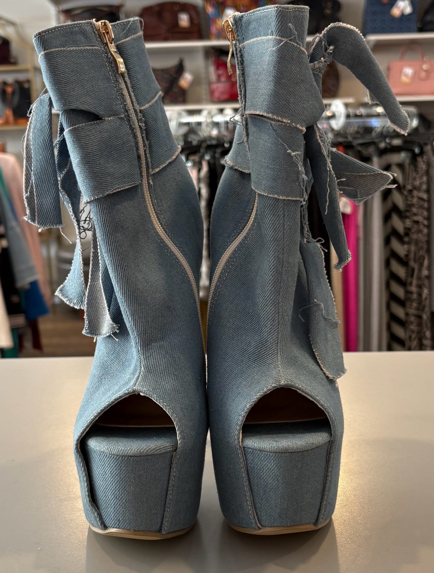 Light Wash Distressed Jean Platform Heels Size:39