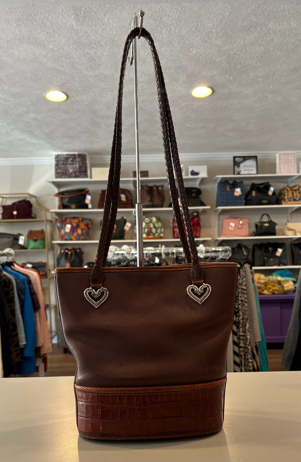 RARE Brighton Brown Leather Bucket Bag with Silver Heart Detailing