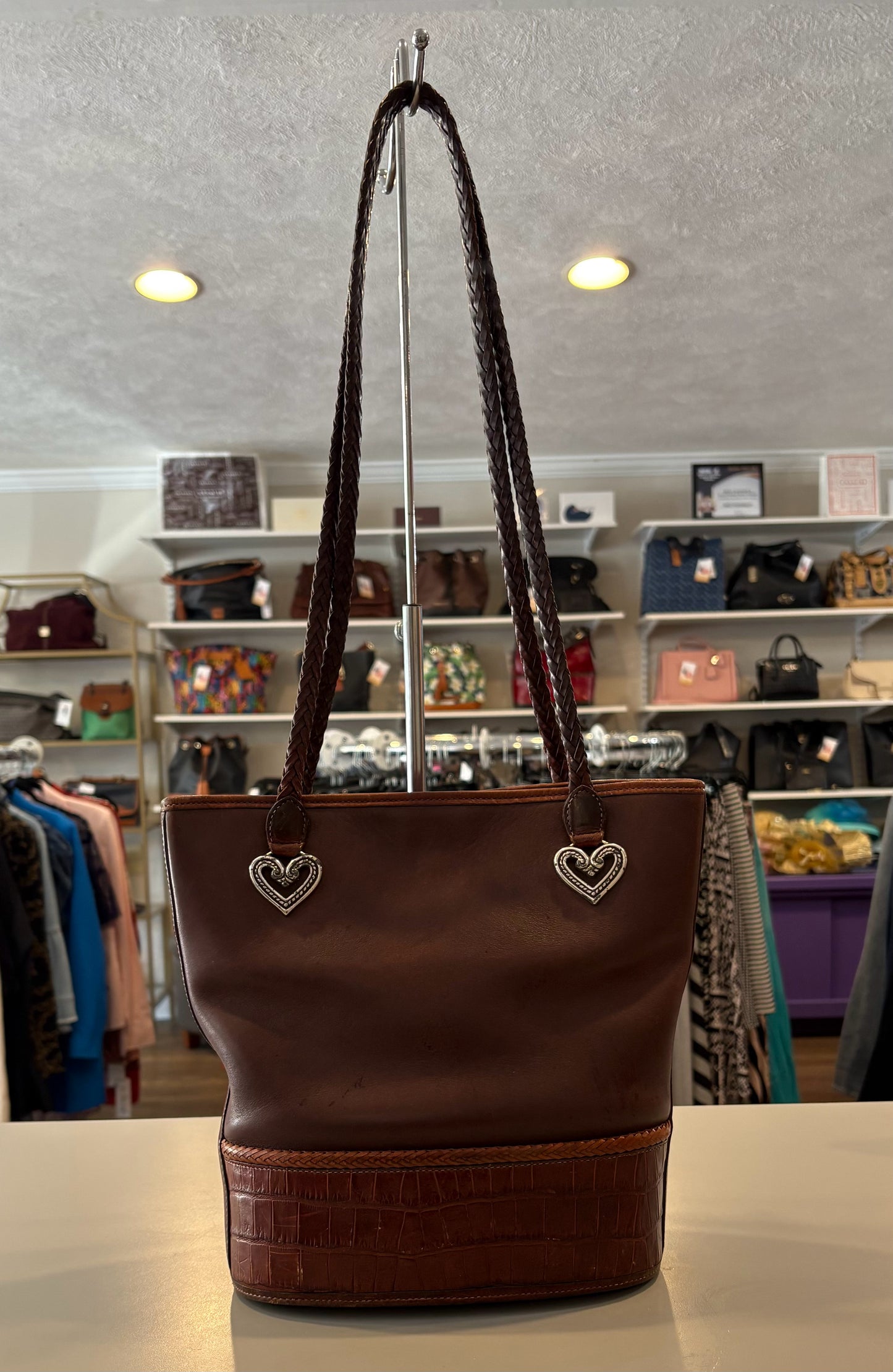 RARE Brighton Brown Leather Bucket Bag with Silver Heart Detailing