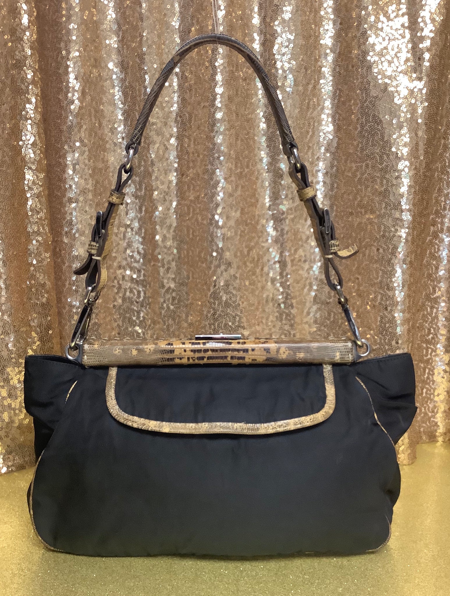 Prada Black Tessuto Nylon and Leather Bauletto Bag BN1828