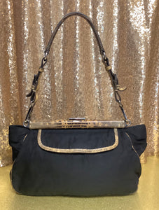 Prada Black Nylon Lizard Trim Pocket Frame Bag BR2842