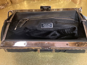 Prada Black Nylon Lizard Trim Pocket Frame Bag BR2842